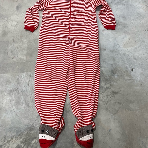 Nick & Nora One Piece Red White Stripe Sock Monkey Footed Pajamas Large - Picture 2 of 5